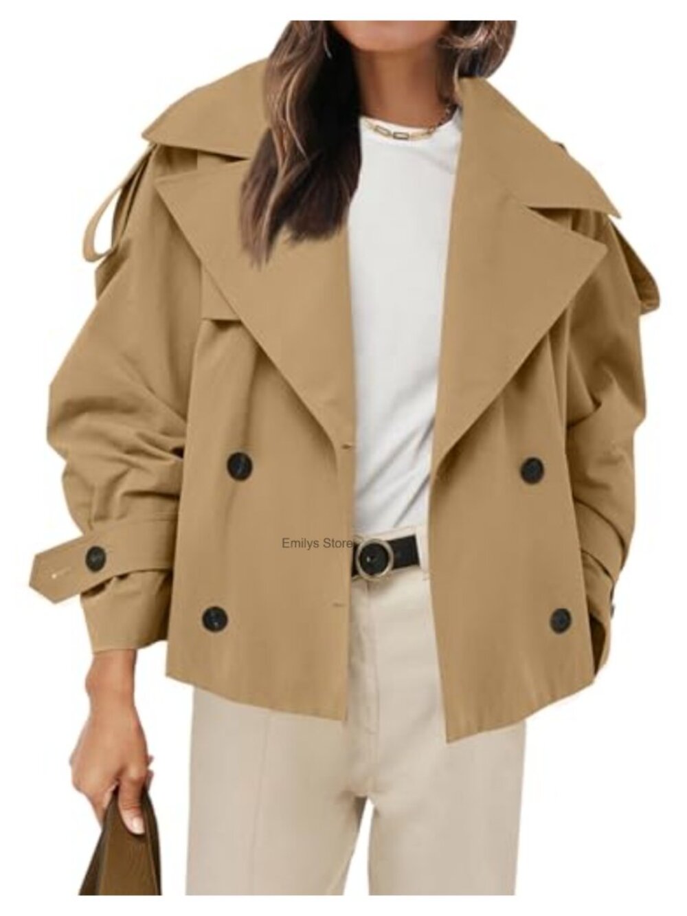 Womens Cropped Trench Coat Double Breasted Belted Jacket